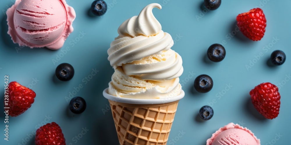 Poster delicious ice cream cone topped with soft serve surrounded by fresh berries on a vibrant blue backgr