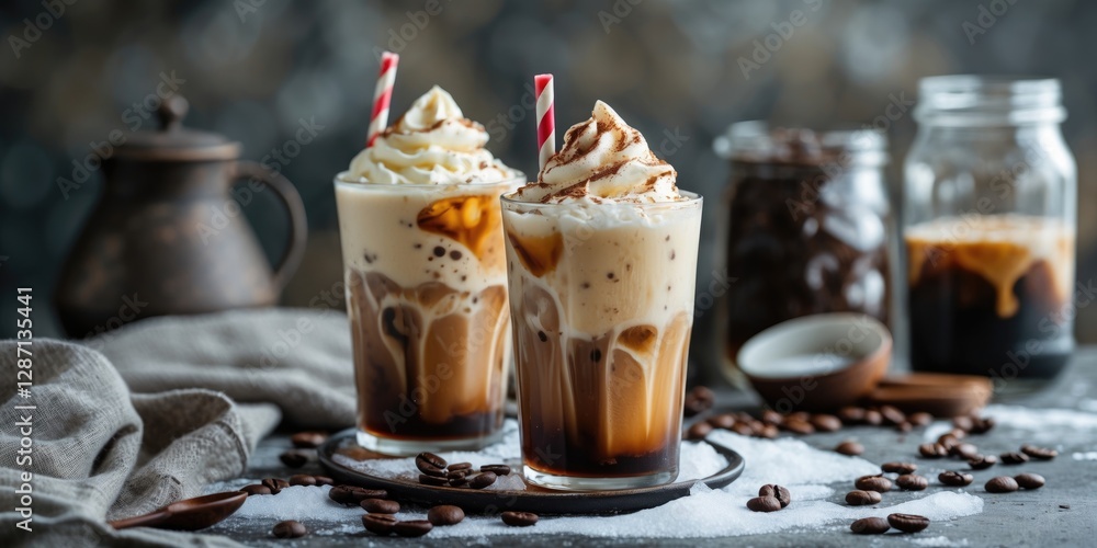 Poster Iced coffee drinks topped with cream and syrup on a rustic table with coffee beans and jars creating an inviting cafÃ© atmosphere