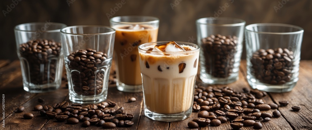Poster iced cappuccino display with coffee beans in glasses on rustic wooden table setting
