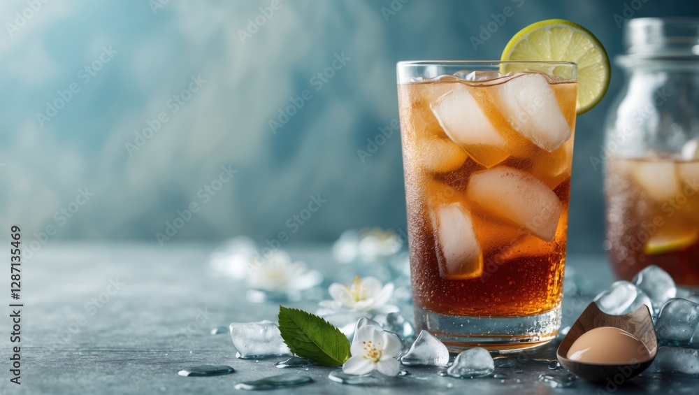Aufkleber refreshing iced tea in a glass with lime and ice, surrounded by flowers and ice cubes, featuring amp