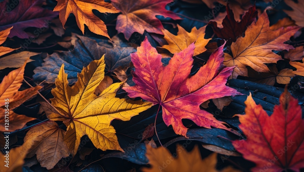 Poster colorful autumn leaves with intricate textures and veins scattered across the ground creating a vibr