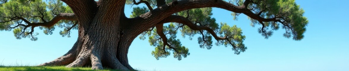 Massive oak, weathered trunk, stark against blue sky, aged, tree trunk