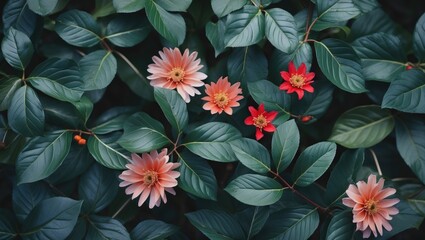 Naklejka premium Vibrant mix of pink and red flowers amidst lush green leaves creating a fresh and natural garden atmosphere.