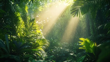 Lush green rainforest with glowing AR biodiversity data, vibrant jungle backdrop, soft natural lighting, photorealistic