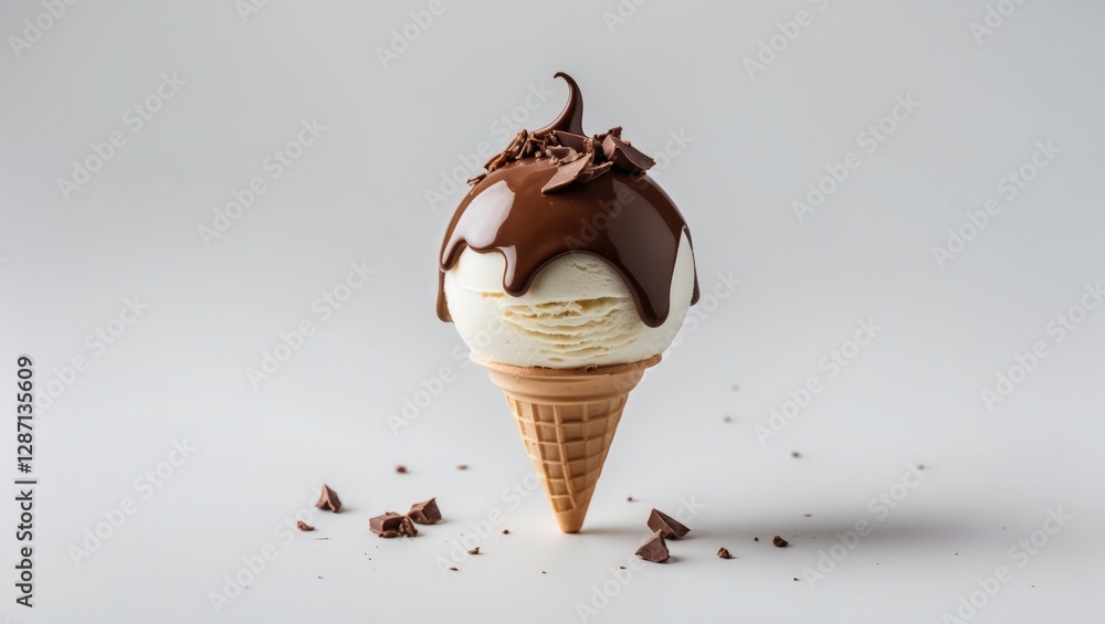 Poster Chocolate Topped Ice Cream Cone Isolated on White Background with Room for Text and Decorative Chocolate Shavings on Surface