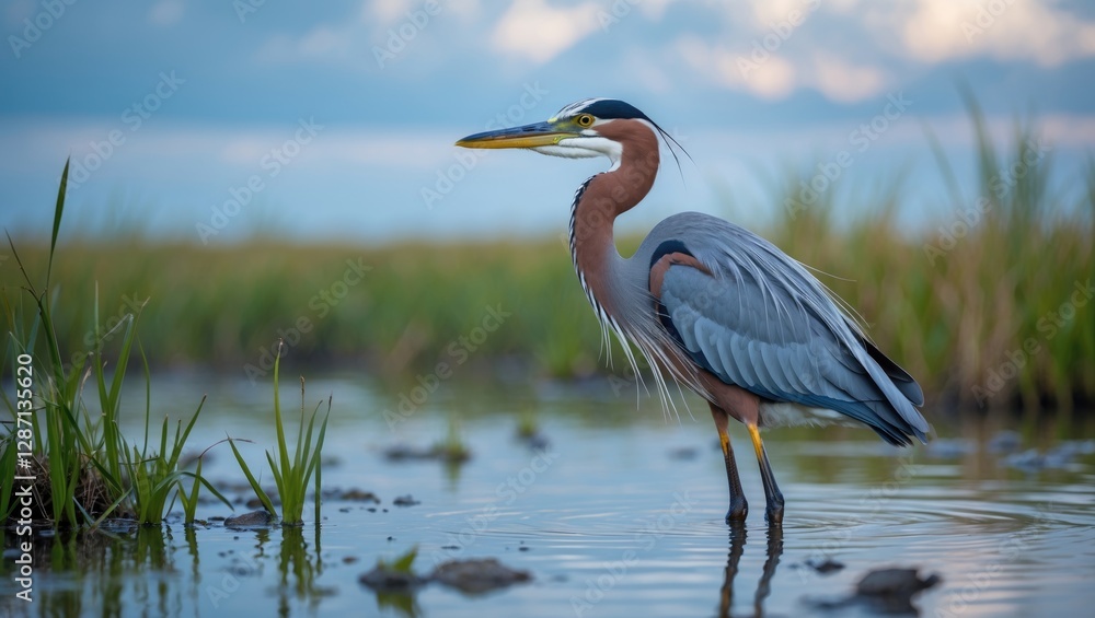 Poster great blue heron standing in shallow waters surrounded by lush greenery and open sky for text overla