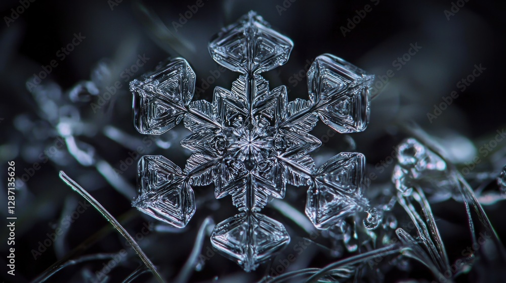 Poster intricate snowflake crystal on a dark background with texture