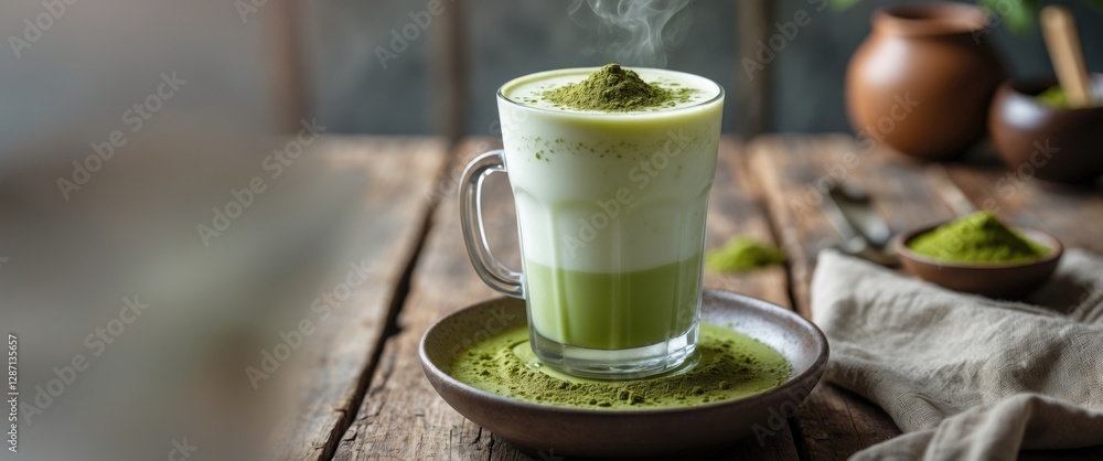 Aufkleber Iced Matcha Latte with Milk Served in Clear Glass on Rustic Table with Matcha Powder and Empty Space for Text Addition