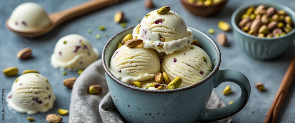 Poster Pistachio Ice Cream Served In A Mug With Garnished Nuts And Empty Space For Text In A Cozy Kitchen Setting