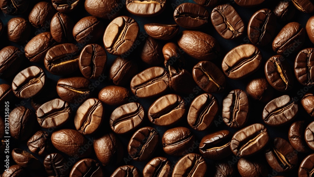 Poster close up of a rich assortment of freshly roasted coffee beans showcasing their glossy texture and de