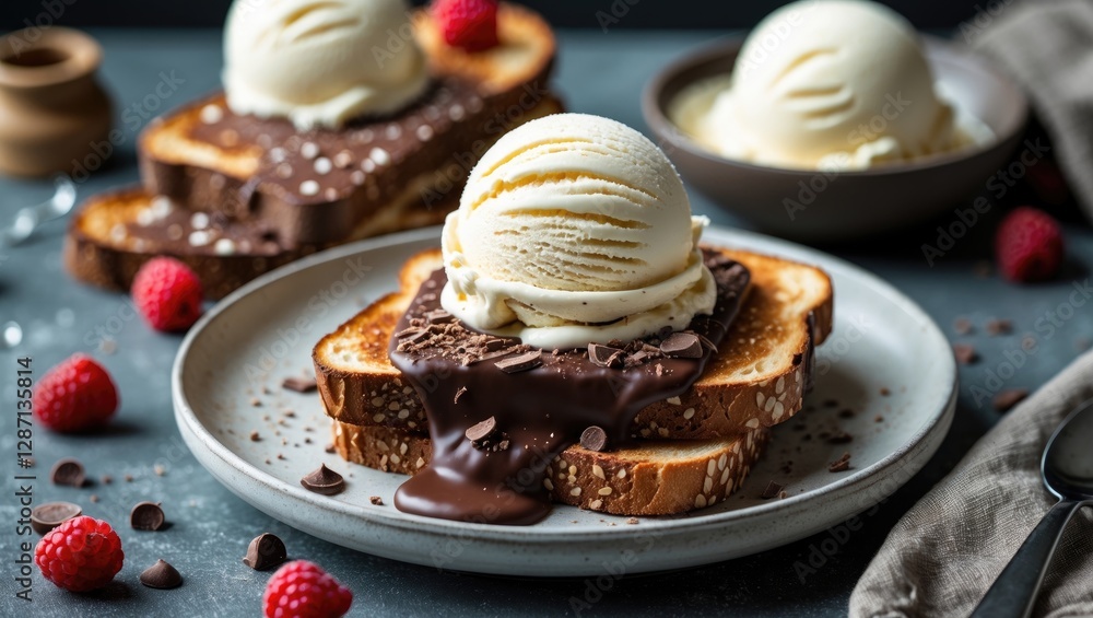 Poster ice cream topped toast with chocolate sauce and fresh raspberries delicious dessert presentation on 