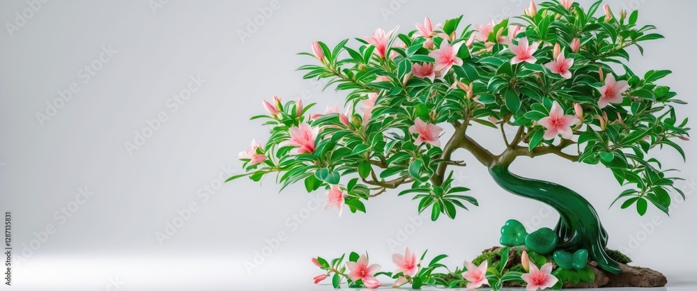 Poster jade tree adorned with delicate pink flowers on a minimalist white background showcasing artistic bo