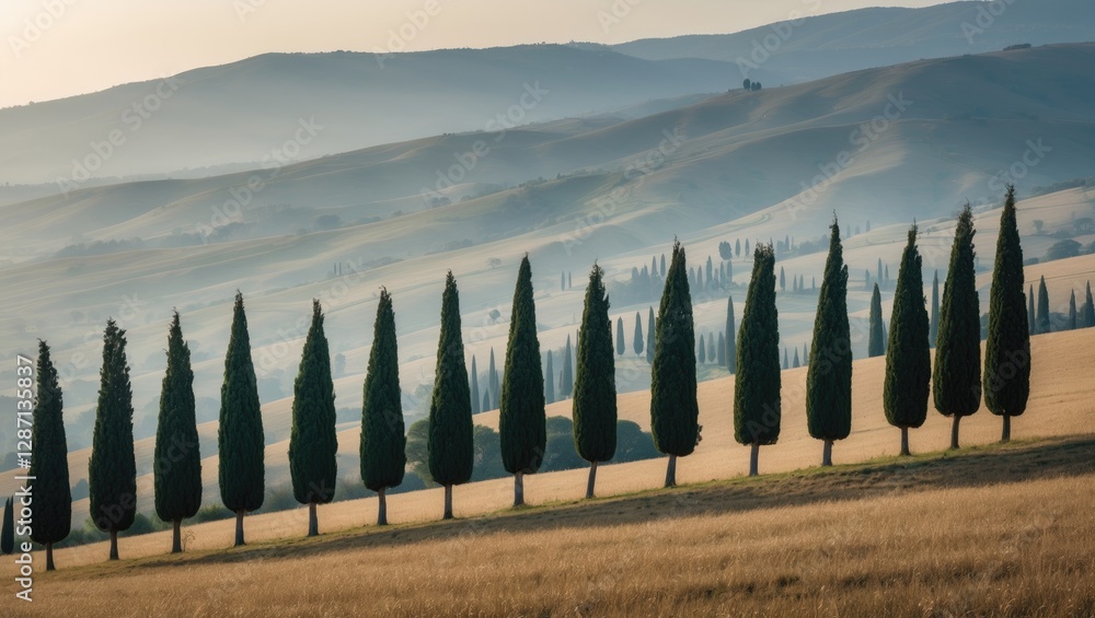 Poster Tuscan countryside with a serene row of cypress trees in foreground and misty rolling hills creating a tranquil landscape scene.