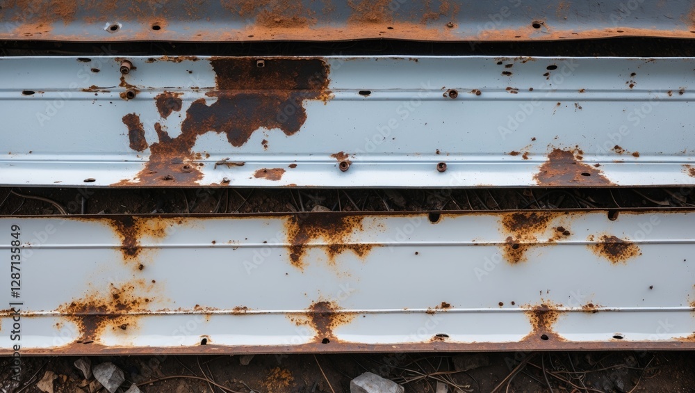 Poster rusty iron sheets with white paint peeling and corrosion on a textured surface, showcasing weathered