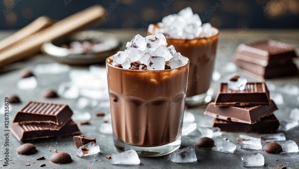 Aufkleber Refreshing Iced Chocolate Drinks Surrounded By Chocolate Pieces And Ice Cubes On A Rustic Table With Blank Space For Text