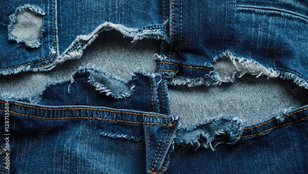 Poster torn denim jeans fabric close-up showcasing frayed edges and distressed texture for fashion and text