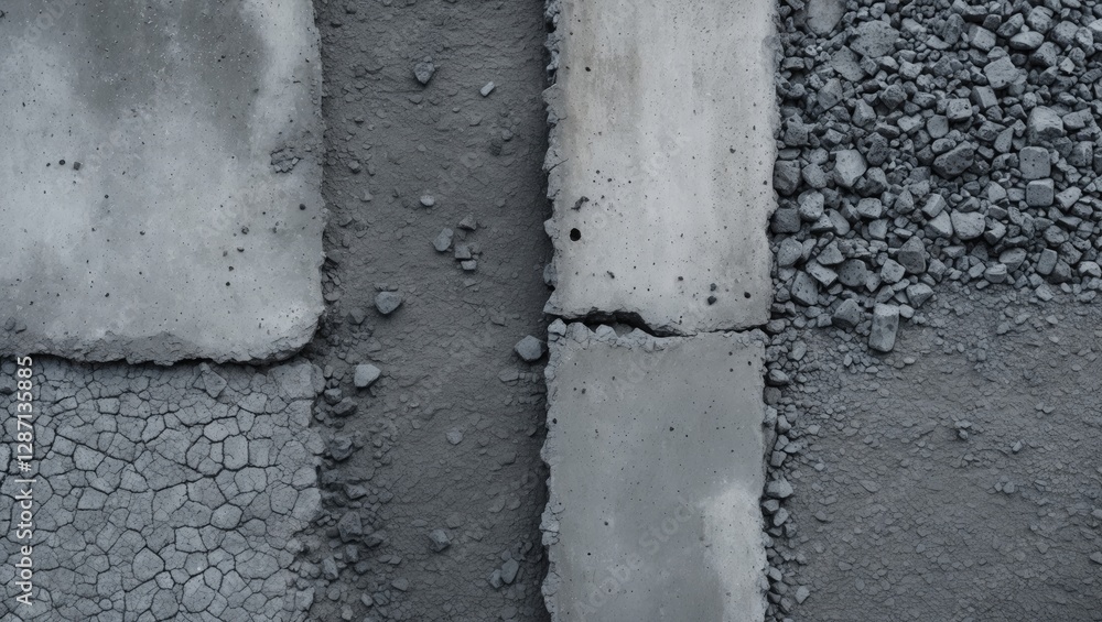 Poster abstract industrial surface texture featuring various concrete, cement, and tarmac patterns with a f