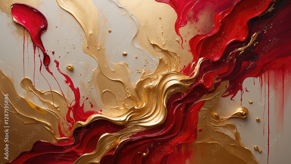 Poster vibrant abstract painting featuring ruby red and gold metallic swirls showcasing modern art techniqu