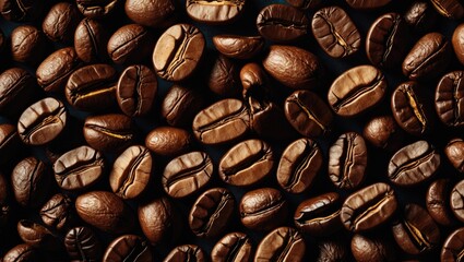 Fototapeta premium Close up of a rich assortment of freshly roasted coffee beans showcasing their glossy texture and deep brown color on a dark background
