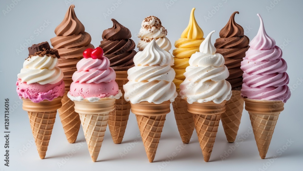 Poster assorted ice cream cones with different flavors displayed on white background ideal for sweet treat 