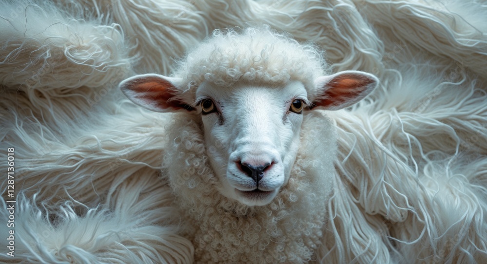 Aufkleber close-up of a fluffy white sheep surrounded by soft wool, showcasing natural textures perfect for de