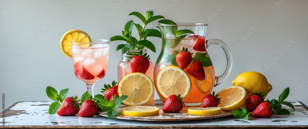 Poster Refreshing Strawberry Lemonade in Jug and Glass with Mint Garnish and Fresh Fruits on Wooden Table with Empty Copy Space for Text
