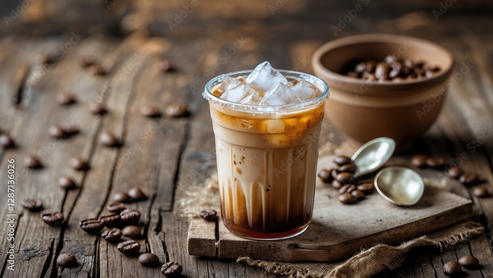 Poster iced coffee served on rustic wooden table with coffee beans and space for text or branding