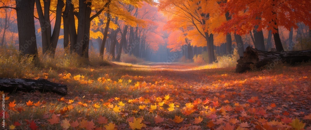 Poster Autumn serenity in a maple forest with vibrant orange and yellow leaves carpeting the path creating a tranquil nature scene.