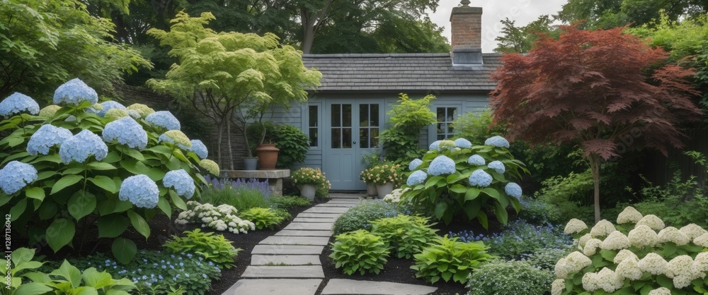 Poster beautiful summer cottage garden featuring hydrangea paniculata and cornus alba with lush greenery an