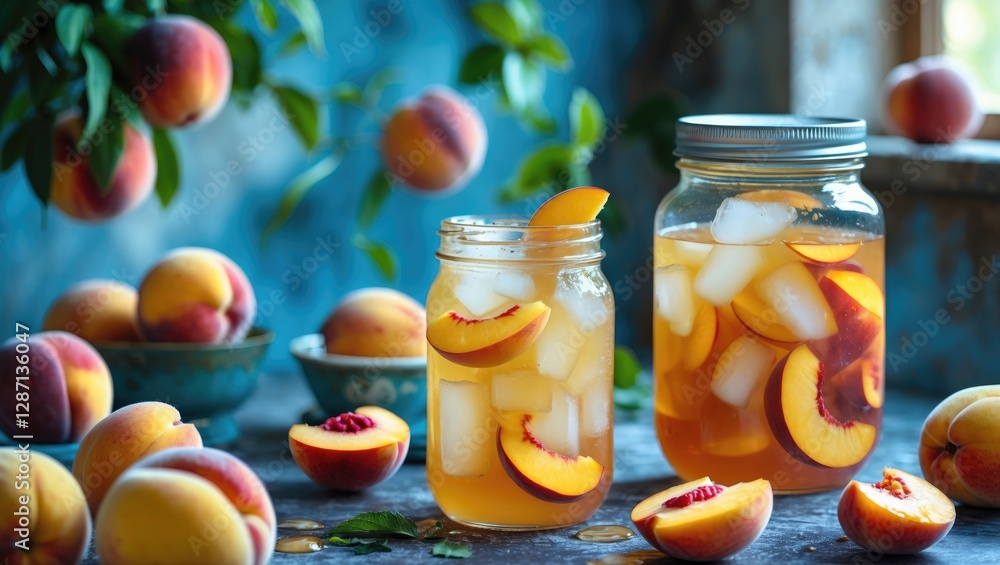 Poster Refreshing Peach Iced Tea in Jars Surrounded by Ripe Peaches with Ice Cubes and Copy Space for Text on Rustic Background