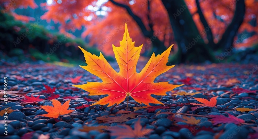 Aufkleber vibrant japanese maple leaf surrounded by colorful autumn foliage on pebbled ground in serene outdoo
