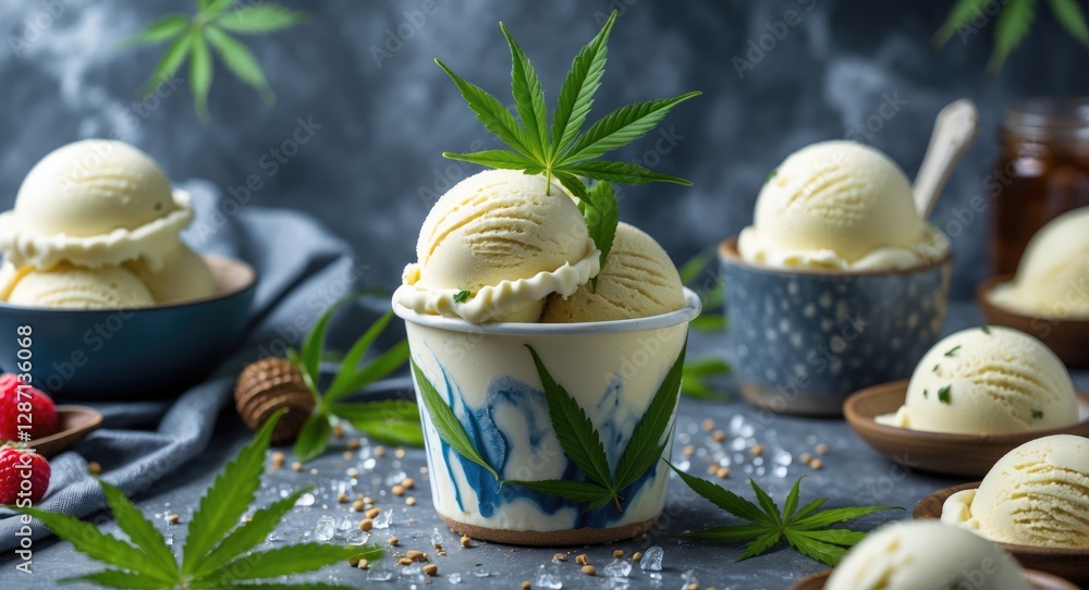 Poster cannabis infused ice cream dessert with green leaves and fresh berries on table featuring empty spac