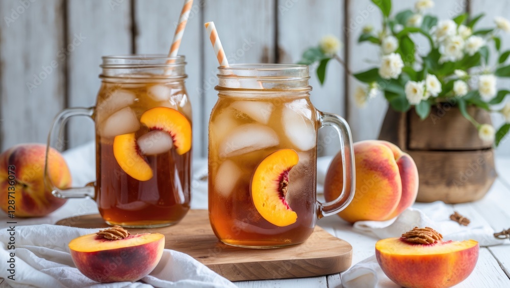 Poster refreshing homemade peach iced tea with fresh peaches served in mason jars on a rustic table decorat