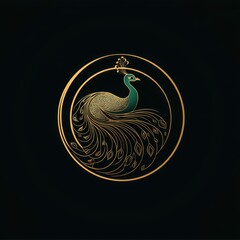 Elegant peacock in golden circular frame	