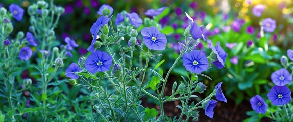 Vibrant blue flowers blooming in a lush garden setting with colorful greenery and soft sunlight illuminating the scene.