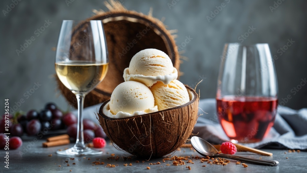 Aufkleber delicious ice cream served in a coconut shell surrounded by elegant wine glasses and fresh fruits on