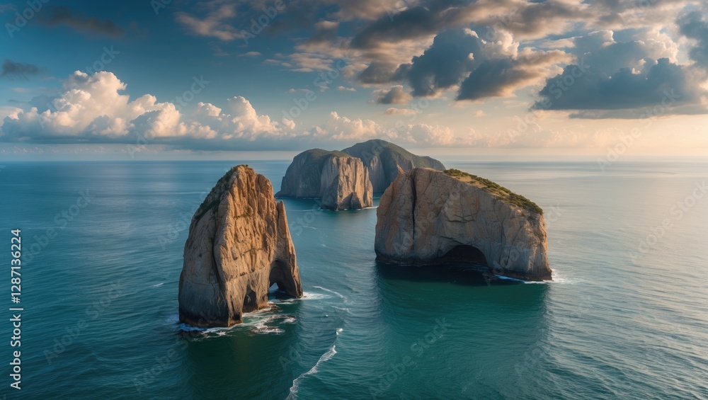 Poster aerial view of elephant rock formation in tranquil sea with dramatic clouds and soft light above idy