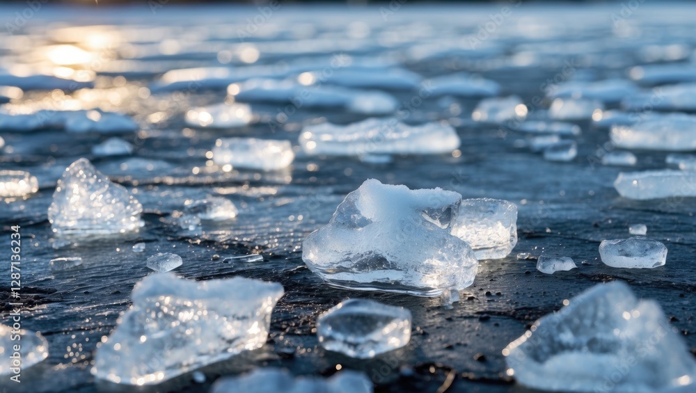 Aufkleber Ice fragments on a frozen surface reflecting sunlight creating a serene winter backdrop for seasonal themes or nature projects.