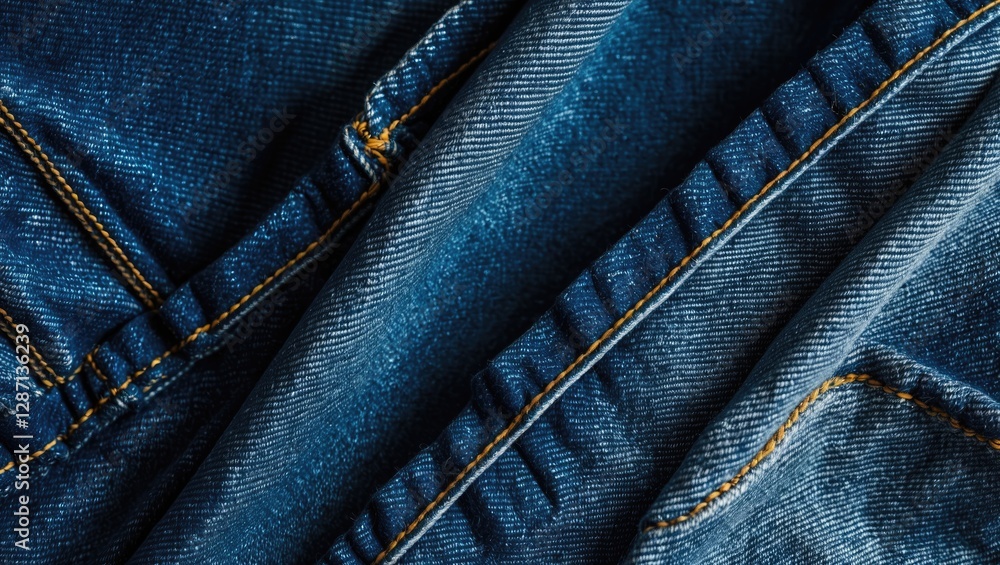 Poster denim fabric texture close-up showcasing intricate stitching and folds in a rich blue color. ideal f