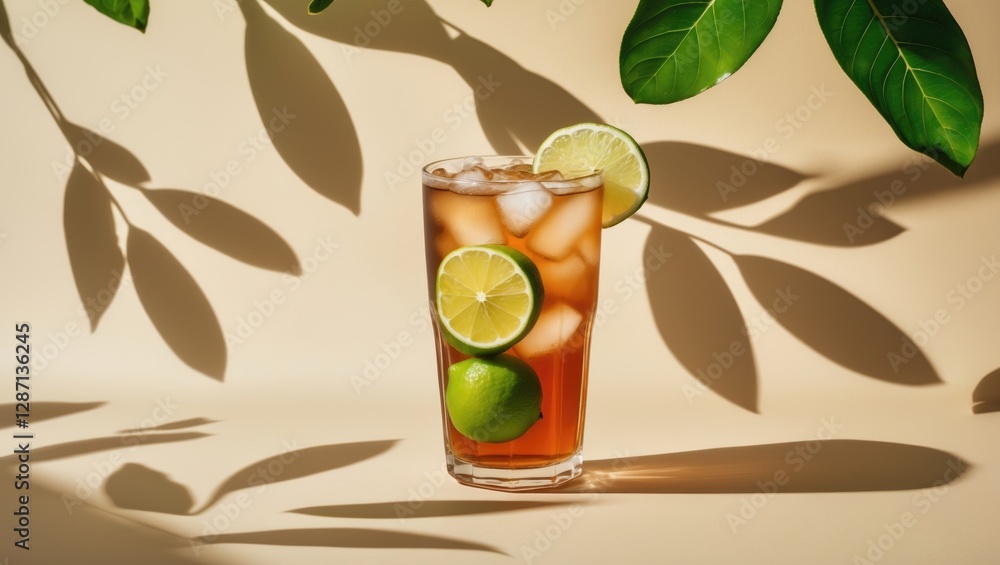 Aufkleber refreshing iced tea with lime garnish on neutral background accented by shadow play from leaves idea