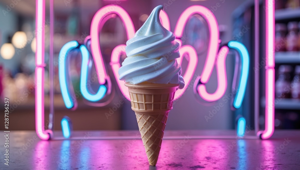 Poster Delicious soft serve ice cream in a waffle cone with vibrant neon lights in the background creating a fun and colorful atmosphere.