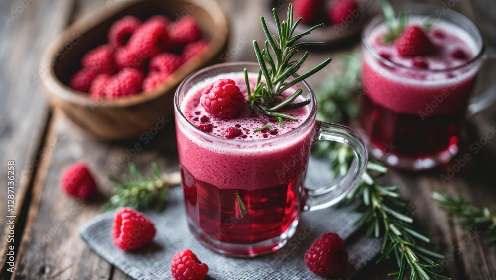 Poster refreshing raspberry beverage with rosemary garnish in glass mug surrounded by berries and herbs on 