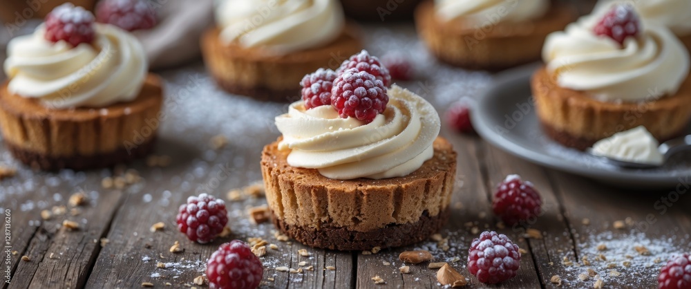 Aufkleber Delicious Homemade Raspberry Tarts on Rustic Wooden Table Close-Up with Whipped Cream and Empty Space for Text or Branding