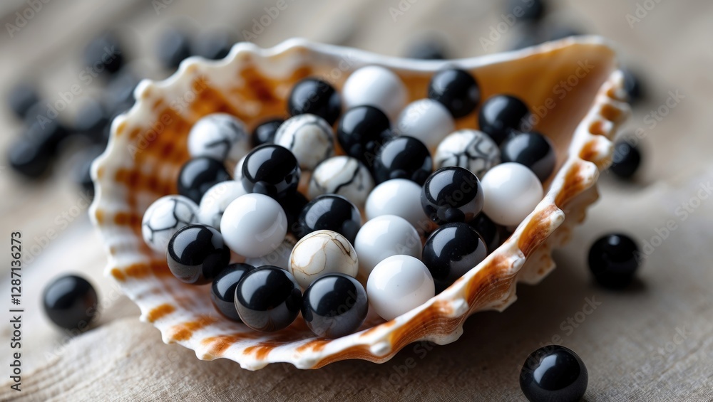 Aufkleber elegant collection of black and white beads arranged in a shell on natural background