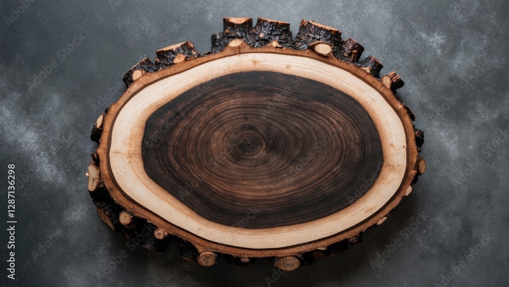 Poster rustic black cherry wood oval slice with natural bark edge showcasing intricate grain patterns on a 