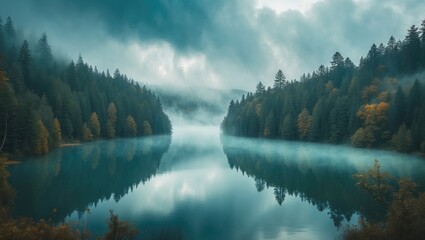 Obraz premium Tranquil Lake Surrounded by Lush Forest Shrouded in Fog with Reflections and Space for Text Overlay