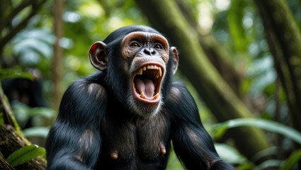 Howling chimpanzee displaying vocalization in a lush tropical rainforest with ample space for adding text or captions.