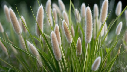Soft fluffy blossoms of Lagurus ovatus surrounded by vibrant green grass in a natural setting showcasing the beauty of bunny tail grass.