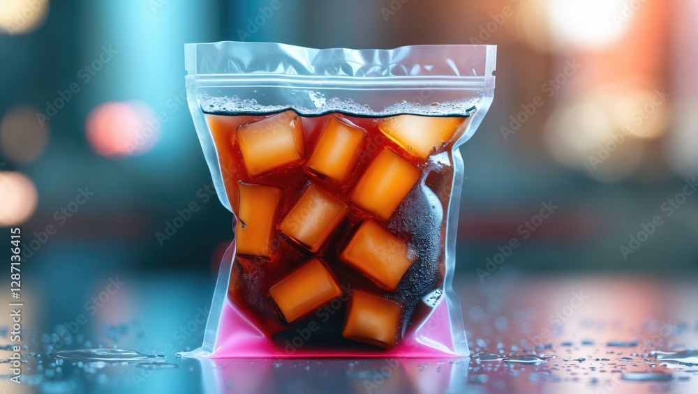 Poster Iced Tea in a Transparent Bag with Ice Cubes on a Glossy Surface and Blurred Colorful Background