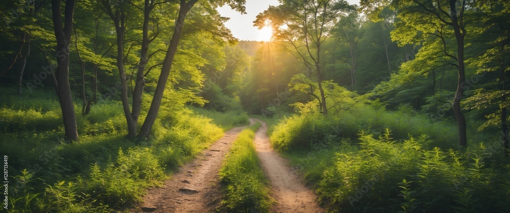 Aufkleber Sunlight Filtered Through Lush Green Trees Over Serene Hiking Trail In Summer Forest With Space For Text Addition